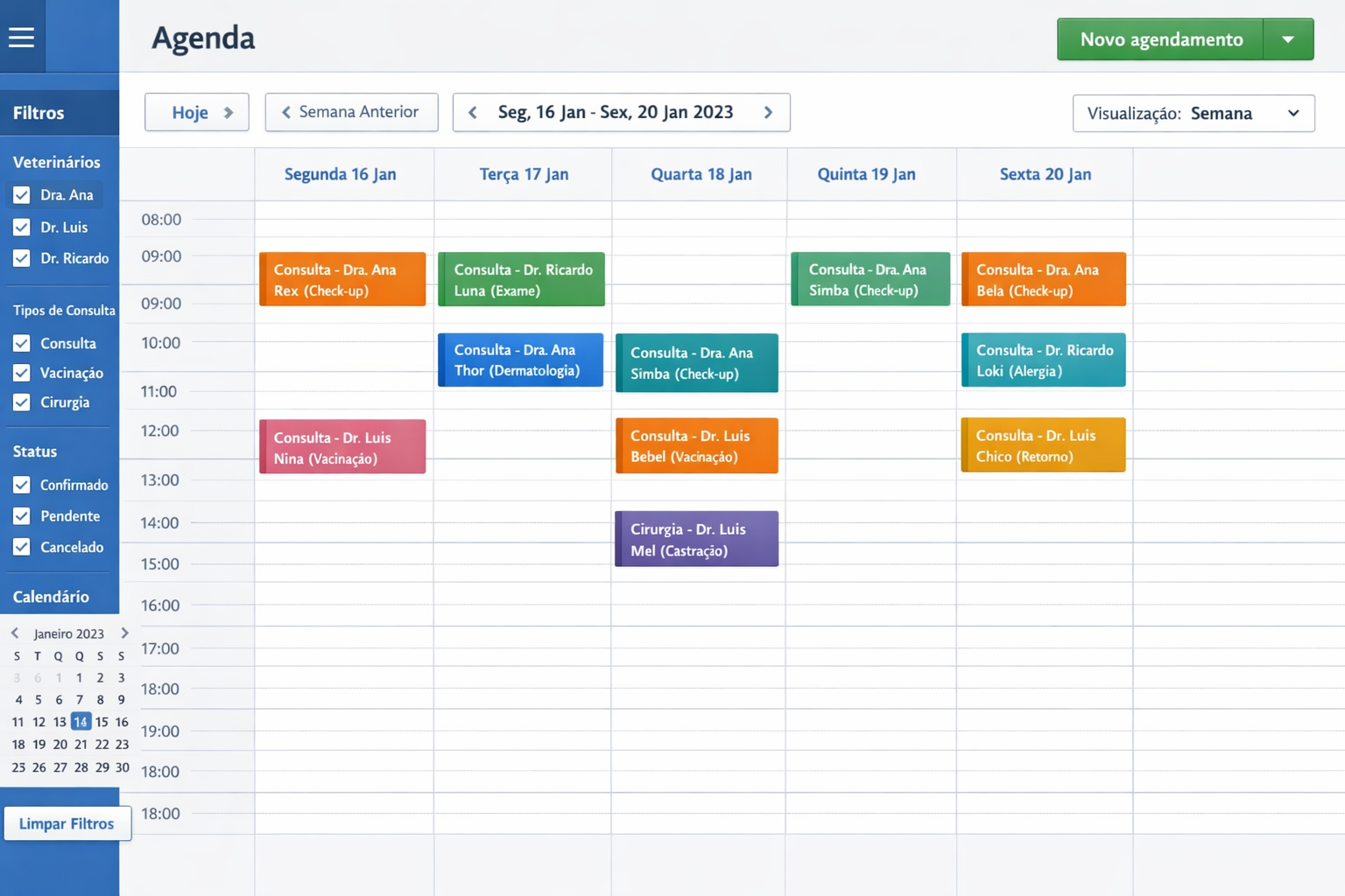 Tela de Agenda SuriVet — calendário semanal com filtros por veterinário e tipo de consulta